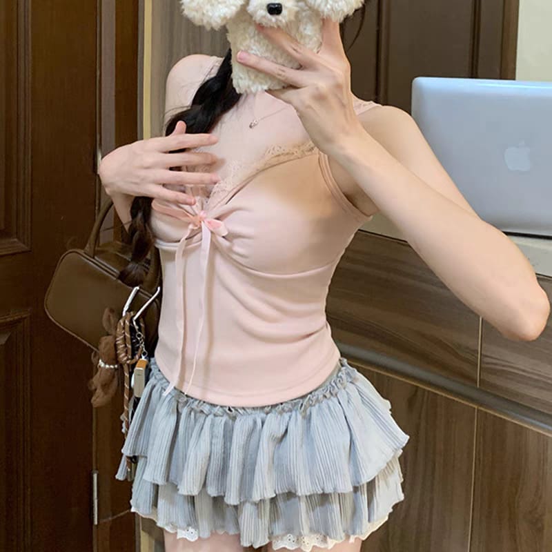 Korean Style Cute Crop Bow Top