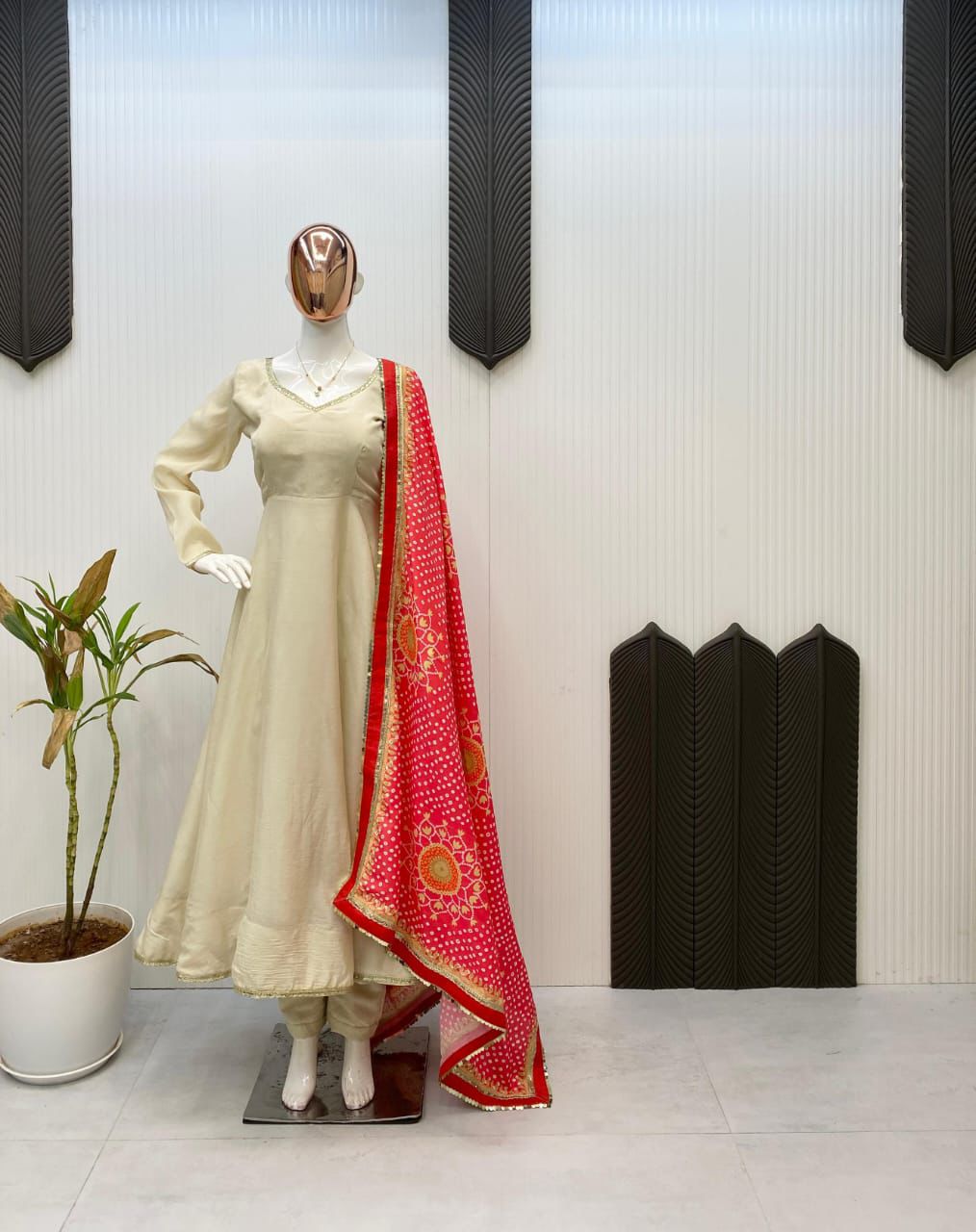 Elegant kurta style gown set - three piece set with printed bandhni dupatta