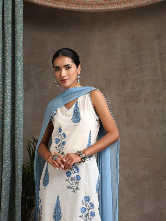 Floral Printed V-Neck Pure Cotton Straight Blue Kurta