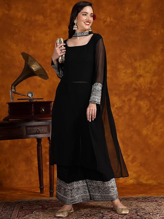 Black Georgette Embroidered Kurta Palazzo and Dupatta Set