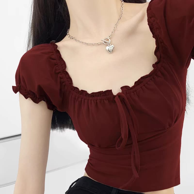 Korean Style Square Neck Ruffle Crop Top